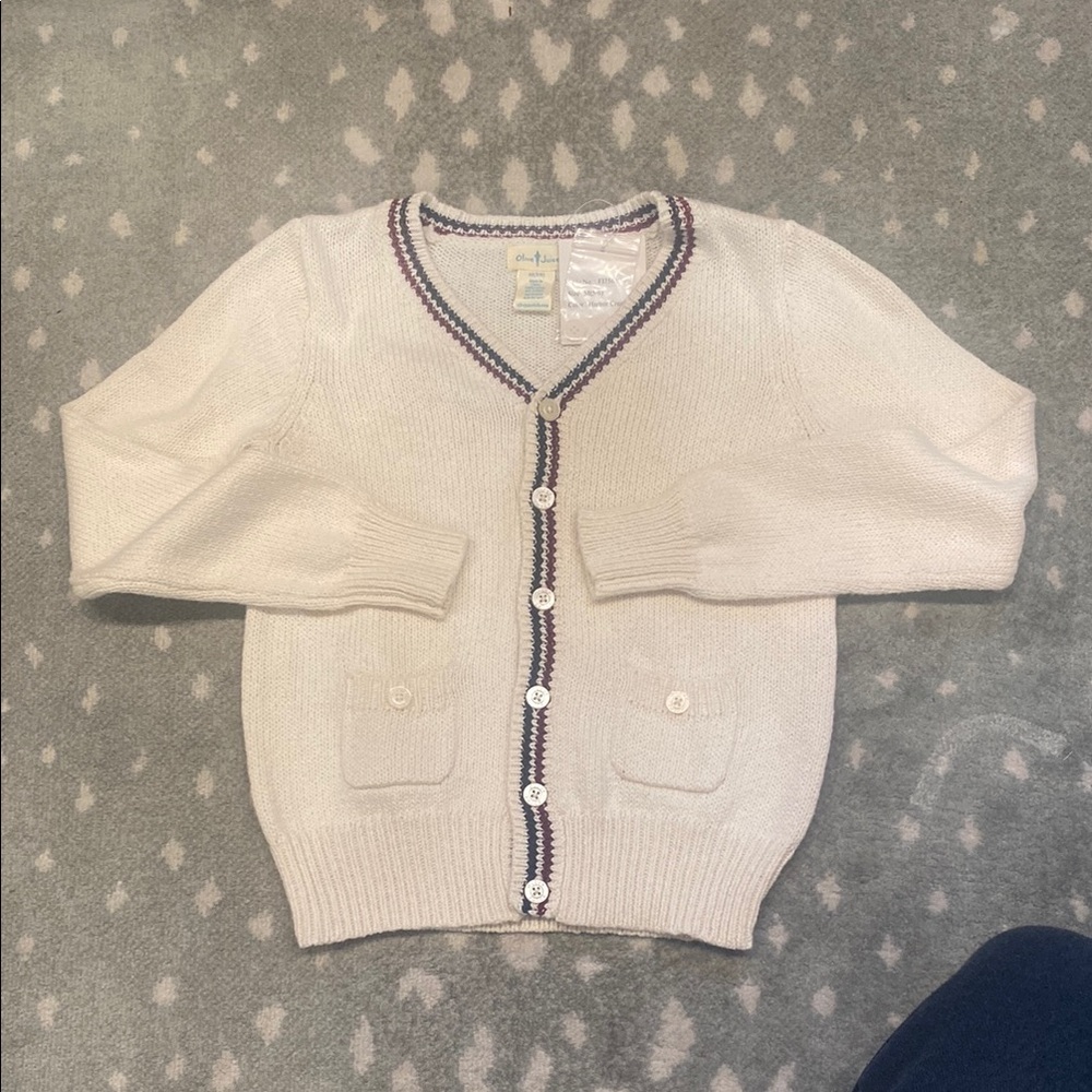 Kids Cream Cardigan Sweater with navy &maroon stripes Mini patch pockets.cotton